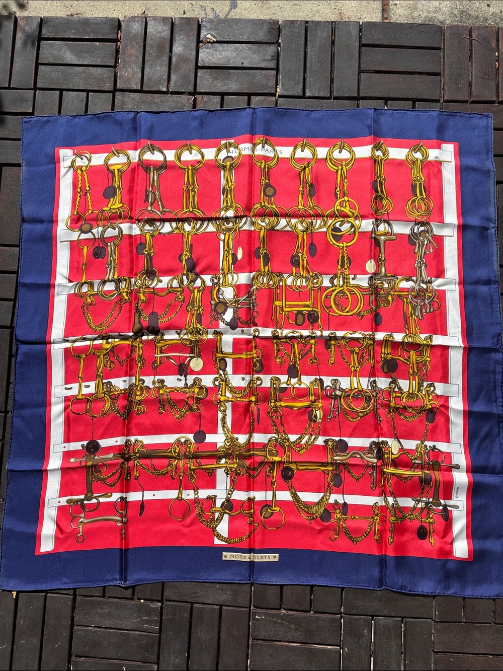 Authentic HERMES Carre 90 Scarf "MORS&FILETS" Silk Blue
